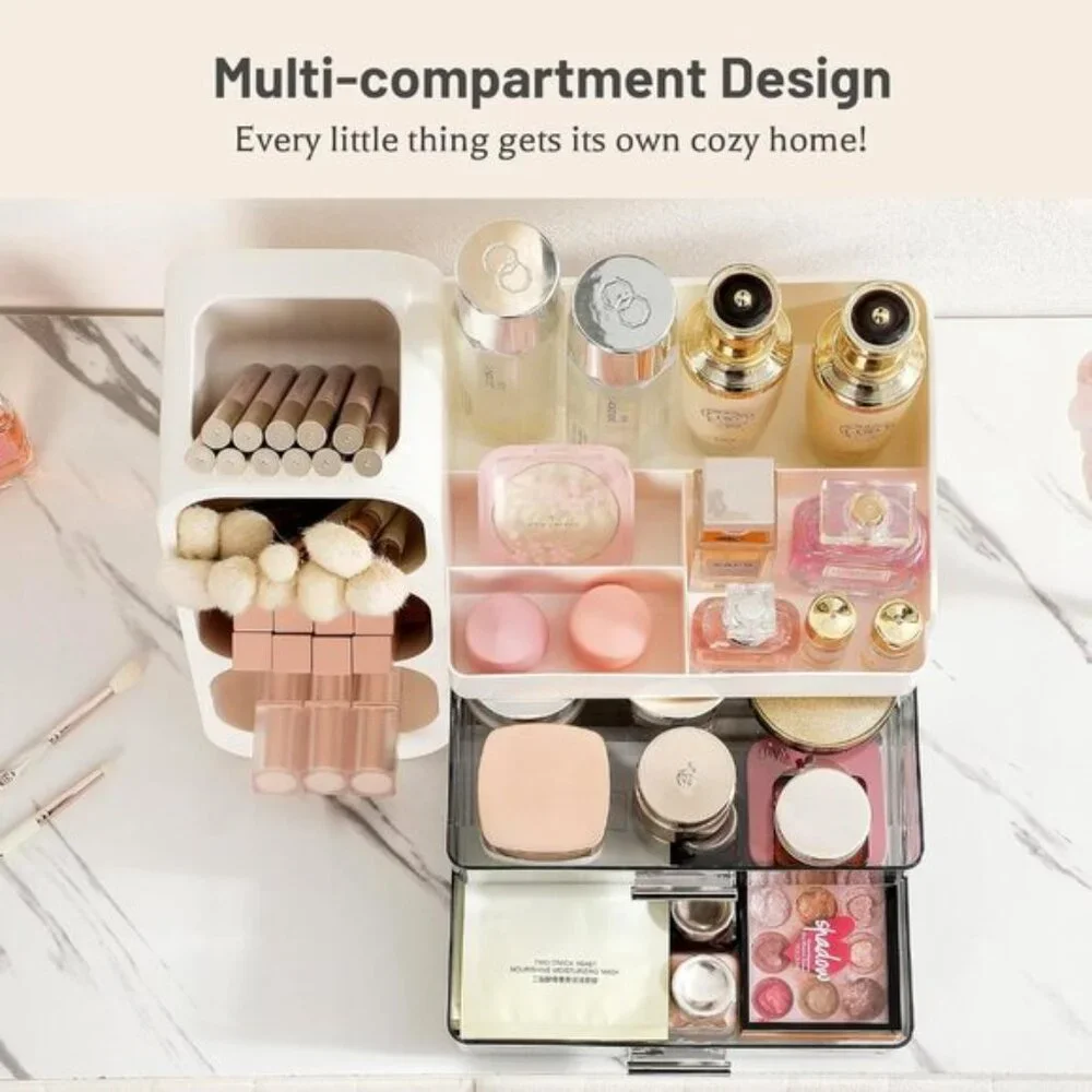 White Makeup Organizer with Drawers & Brush Holder for Vanity & Skincare Storage